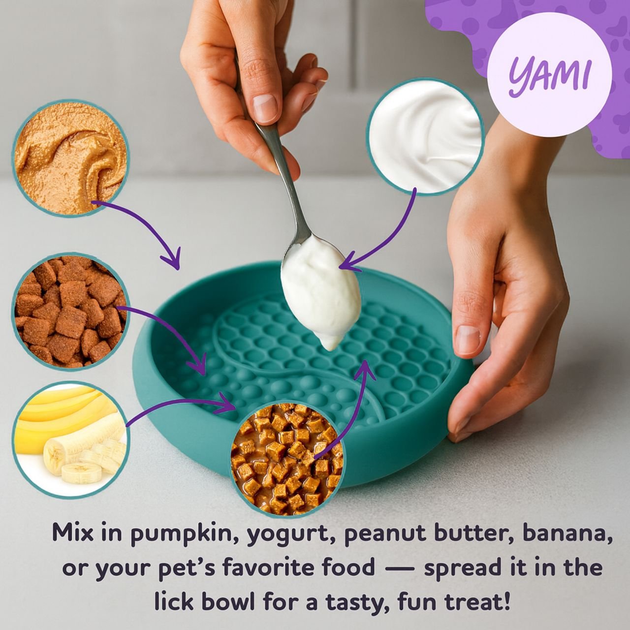 Spreading peanut butter yogurt and treats into YAMI bowl