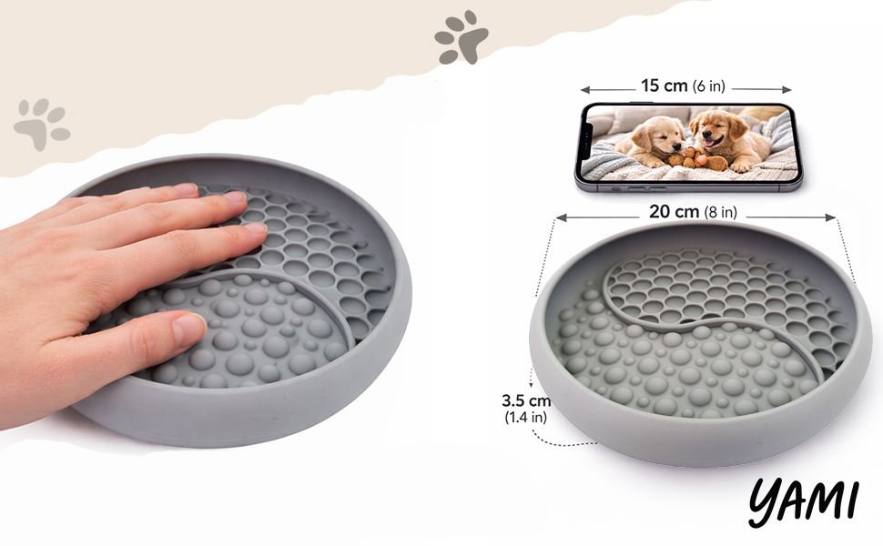 YAMI bowl size — 20cm diameter, 3.5cm deep, shown next to hand and phone for scale