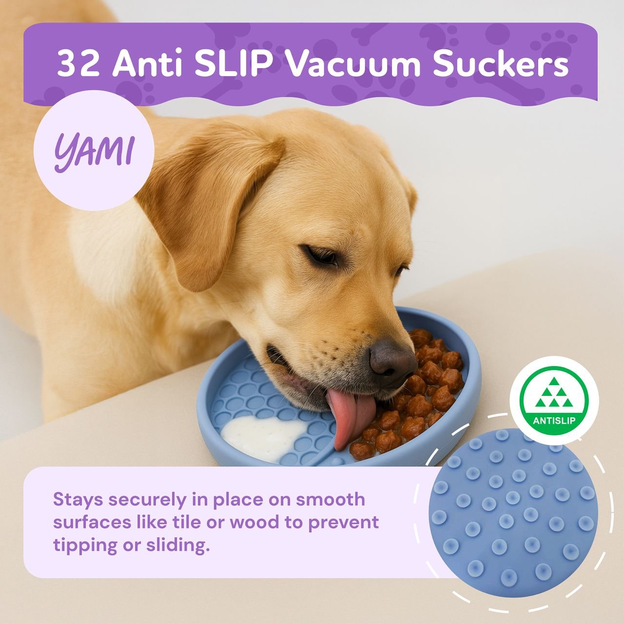 Dog licking from YAMI bowl showing 32 anti-slip suction cups